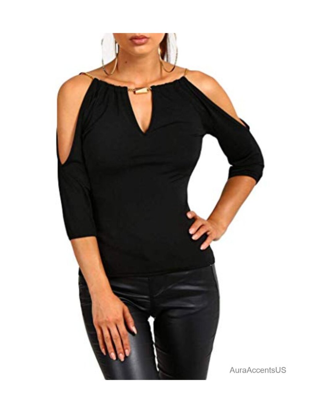 Women's Cold Shoulder Slim Fit Short Sleeve Tee V-Neck Cutout Casual Blouse